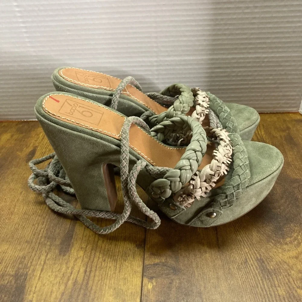 Bacio 61 Women Olive Green Suede Braided Lace Up Wedge Platform Heels Sandal 6.5
